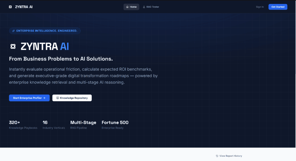 ZYNTRA AI Enterprise Intelligence interface showing playbooks and RAG pipeline